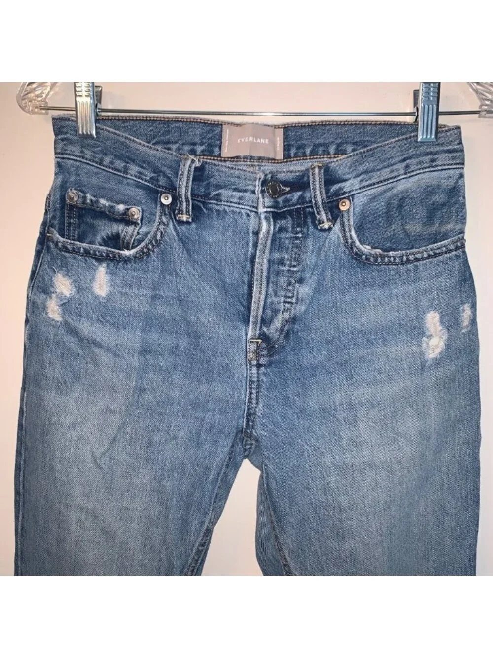 Everlane O-S Boy Friend Distressed Cropped Blue Jeans 25